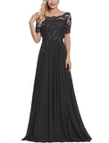 Black Women's Long Mother of The Bride Dresses with Sleeves Bateau Neck Beaded Chiffon Maxi Lace Formal Evening Gowns - Lover Kiss | Women's Formal Dresses