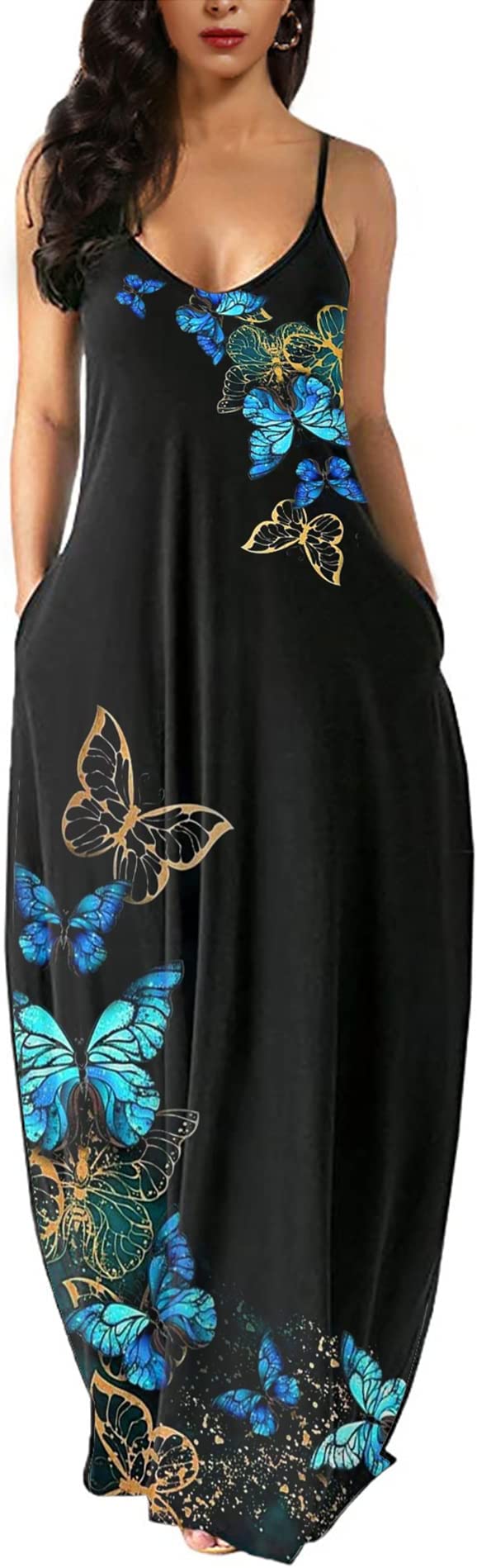 Butterfly Black Womens Casual Sleeveless Plus Size Loose Plain Long Maxi Dress with Pockets - Wolddress | Women's Casual Dresses