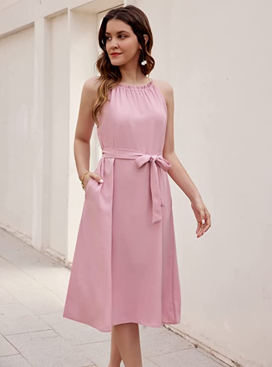 Black Elegant Halter Neck Dress Loose Fit Ruffles Midi A-Line Swing Dresses with Belt - GRACE KARIN | Women's Casual Dresses