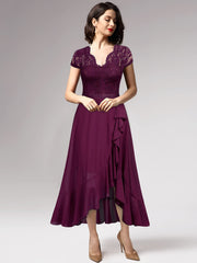 Light Purple Ladies Retro V-Neck Lace Ruffle Design Formal Party Maxi Dress - MIUSOL