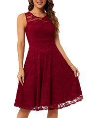 Wine Red Sleeveless Ladies Vintage Floral Cocktail Party Wedding Guest A Line Lace Dresses - JASAMBAC