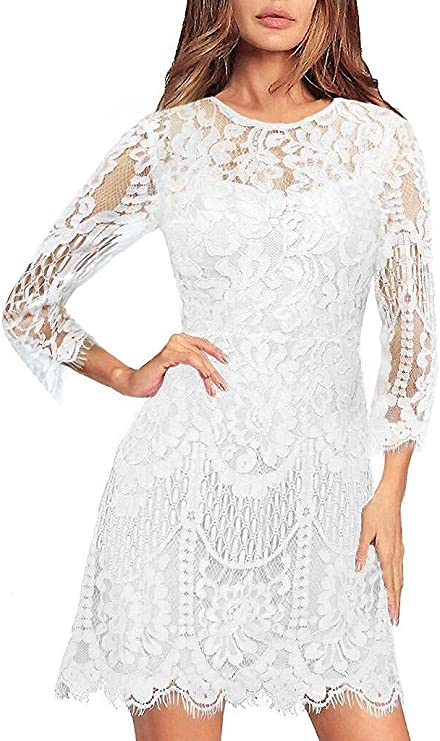 White Half Women's Elegant Round Neck V-Back Wedding Guest Floral Lace Cocktail Party A Line Dress - MSLG | Women's Cocktail Dresses