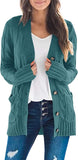 Teal Green Women's Long Sleeve Cable Knit Sweater Open Front Cardigan Button Loose Outerwear - MEROKEETY | Women's Cardigan