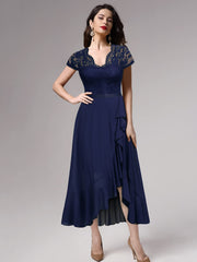 Black Women's V Neck Elegant Lace Ruffle Bridesmaid Maxi Dress - Miusol