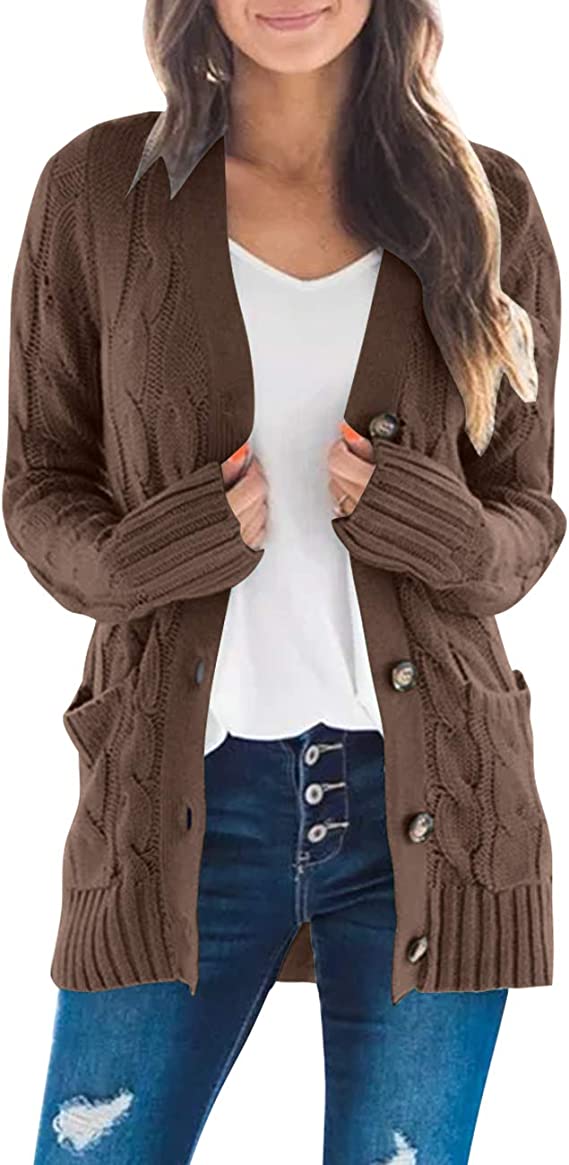 Coffee Women's Long Sleeve Cable Knit Sweater Open Front Cardigan Button Loose Outerwear - MEROKEETY | Women's Cardigan