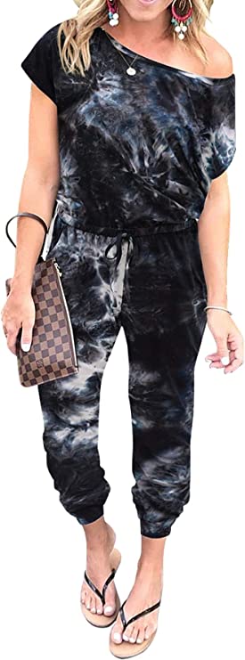 Tie Dye-black Women's Loose Solid Off Shoulder Elastic Waist Stretchy Long Romper Jumpsuit - PRETTYGARDEN | Women's Romper & Jumper Suit