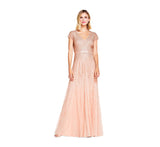 Blush Women's Long Beaded V-Neck Dress with Cap Sleeves and Waistband - Adrianna Papell | Women's Formal Dresses