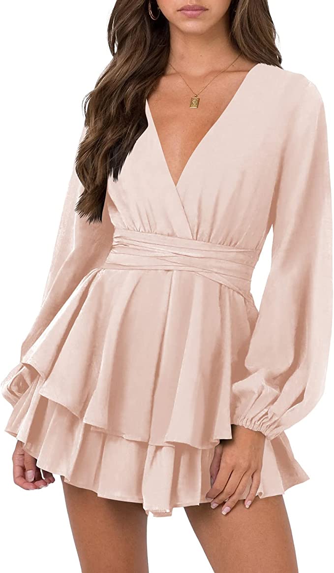 Pink Sleeve Womens Sexy V Neck Long Baggy Sleeve Tie Waist Ruffle Hem Flowy Swing Mini Short Wrap Dress - Nova In Sky | Women's Casual Dresses