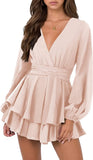 Pink Sleeve Womens Sexy V Neck Long Baggy Sleeve Tie Waist Ruffle Hem Flowy Swing Mini Short Wrap Dress - Nova In Sky | Women's Casual Dresses