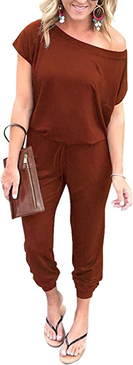Brick Red Women's Loose Solid Off Shoulder Elastic Waist Stretchy Long Romper Jumpsuit - PRETTYGARDEN | Women's Romper & Jumper Suit