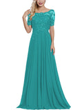 Turquoise Women's Long Mother of The Bride Dresses with Sleeves Bateau Neck Beaded Chiffon Maxi Lace Formal Evening Gowns - Lover Kiss | Women's Formal Dresses