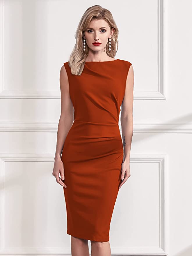 A rust Red Women s Retro Ruffle Style Slim Work Pencil Dress