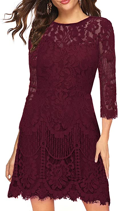 Burgundy Women's Elegant Round Neck V-Back Wedding Guest Floral Lace Cocktail Party A Line Dress - MSLG | Women's Cocktail Dresses