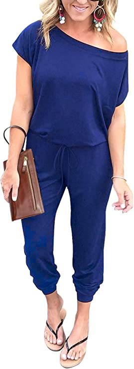 Blue Women's Loose Solid Off Shoulder Elastic Waist Stretchy Long Romper Jumpsuit - PRETTYGARDEN | Women's Romper & Jumper Suit