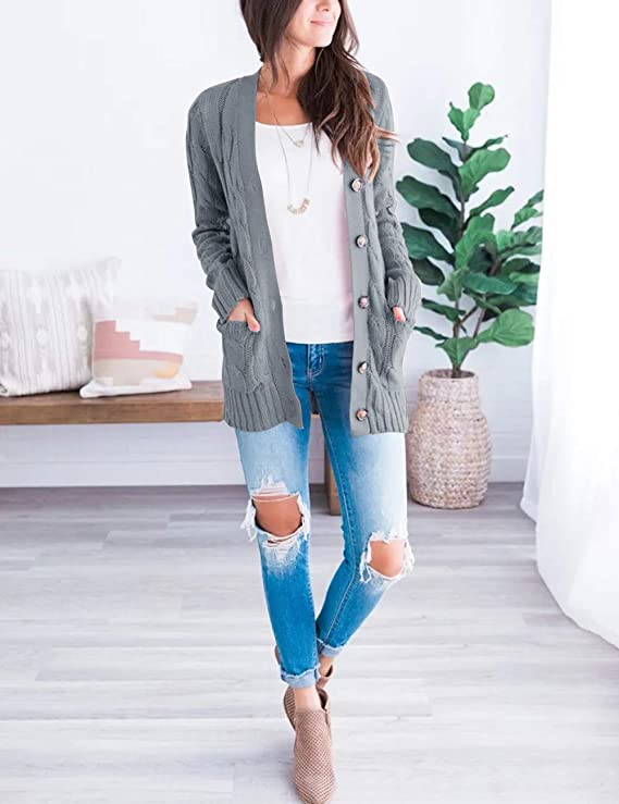 Block Grey Women's Long Sleeve Cable Knit Sweater Open Front Cardigan Button Loose Outerwear - MEROKEETY | Women's Cardigan