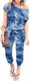 Tie Dye-dark Blue Women's Loose Solid Off Shoulder Elastic Waist Stretchy Long Romper Jumpsuit - PRETTYGARDEN | Women's Romper & Jumper Suit