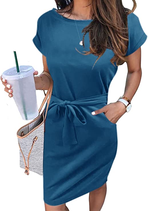 Solid Teal Women's Summer Striped Short Sleeve T Shirt Dress Casual Tie Waist Midi Dress - MEROKEETY | Women's Casual Dresses