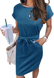 Solid Teal Women's Summer Striped Short Sleeve T Shirt Dress Casual Tie Waist Midi Dress - MEROKEETY | Women's Casual Dresses