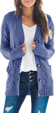 Dusty Blue Women's Long Sleeve Cable Knit Sweater Open Front Cardigan Button Loose Outerwear - MEROKEETY | Women's Cardigan