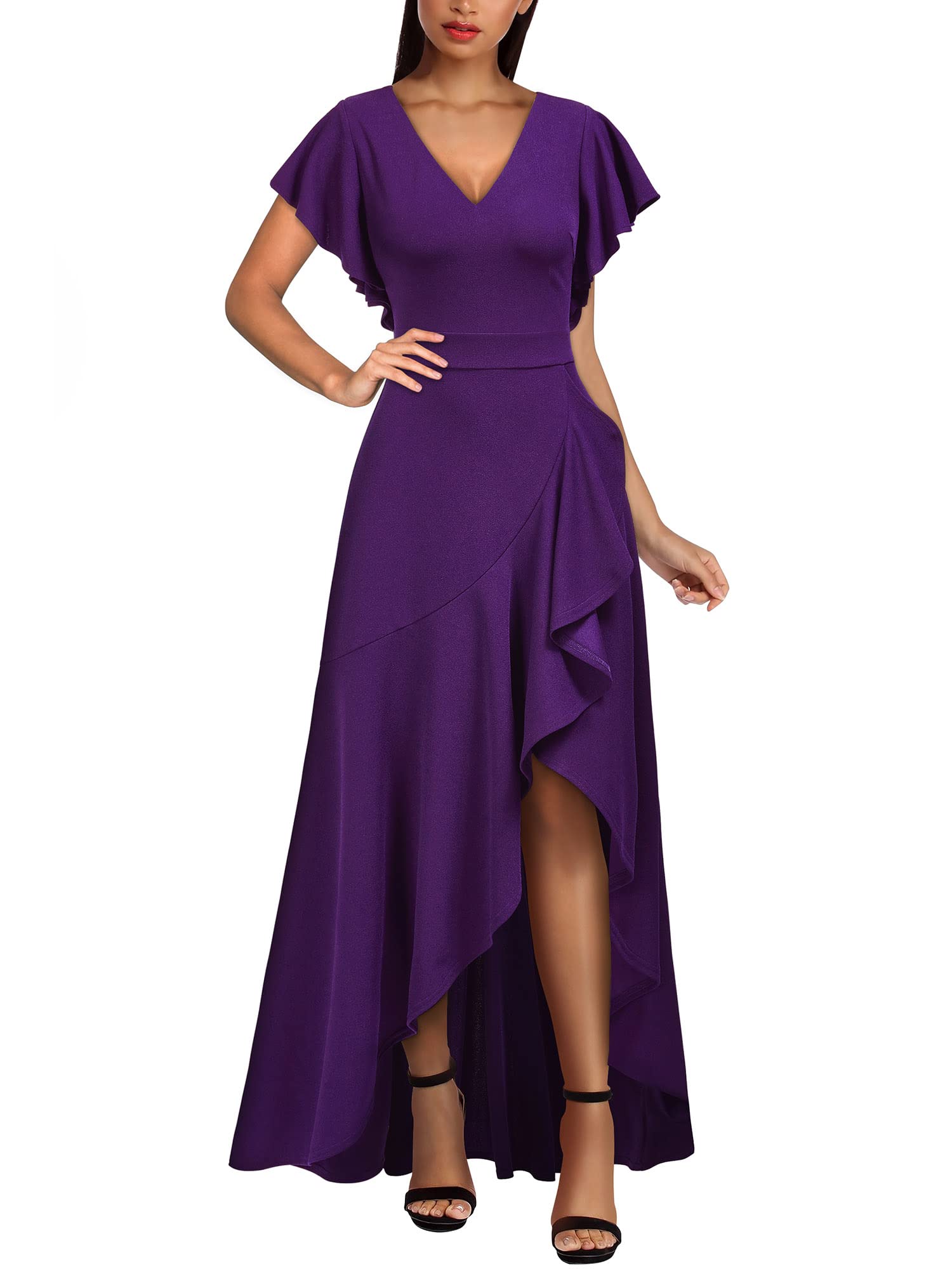 Purple Women's Formal V Neck Ruffle Split Evening Party Long Dress - Miusol