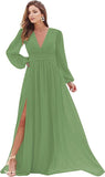 Dark Green Women's Bridesmaid Dresses Long Sleeve Chiffon Deep V-Neck Formal Evening Party Gowns for Women Guests with Split A-line - YnanLi Dress