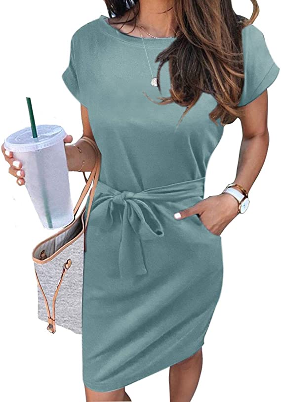 Solid Sage Women's Summer Striped Short Sleeve T Shirt Dress Casual Tie Waist Midi Dress - MEROKEETY | Women's Casual Dresses