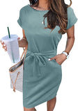 Solid Sage Women's Summer Striped Short Sleeve T Shirt Dress Casual Tie Waist Midi Dress - MEROKEETY | Women's Casual Dresses
