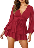 Red Women's Jumpsuit Floral Print V Neck Baggy Sleeve Waist Tie Double Layer Ruffle Hem Short Mini Dress Romper - Relipop | Women's Casual Dresses