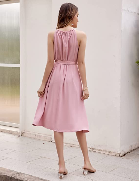 Black Elegant Halter Neck Dress Loose Fit Ruffles Midi A-Line Swing Dresses with Belt - GRACE KARIN | Women's Casual Dresses