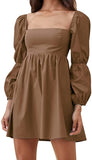 Brown Womens Square Neck Dress Long Puff Sleeve A-Line Casual Short Mini Dress - Exlura | Women's Casual Dresses