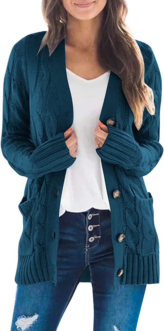 Teal Women's Long Sleeve Cable Knit Sweater Open Front Cardigan Button Loose Outerwear - MEROKEETY | Women's Cardigan