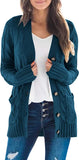 Teal Women's Long Sleeve Cable Knit Sweater Open Front Cardigan Button Loose Outerwear - MEROKEETY | Women's Cardigan