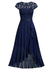 Navy Blue Women's V Neck Elegant Lace Ruffle Bridesmaid Maxi Dress - Miusol