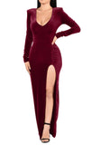 Red V Neck Velvet Dress For Women Long Sleeve Ruched Bodycon Side Slit Party Cocktail Dress 90s Retro Maxi Dress - Kafiloe | Women's Cocktail Dresses