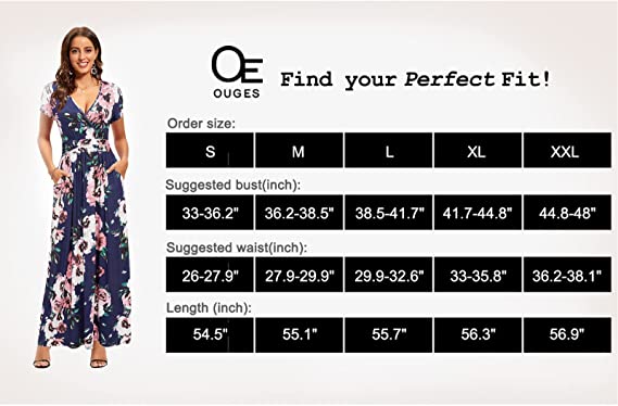 Black Summer Casual V Neck Short/Long Sleeve Floral Pattern Wrap Ladies Maxi Long Dress with Pockets - OUGES | Women's Casual Dresses