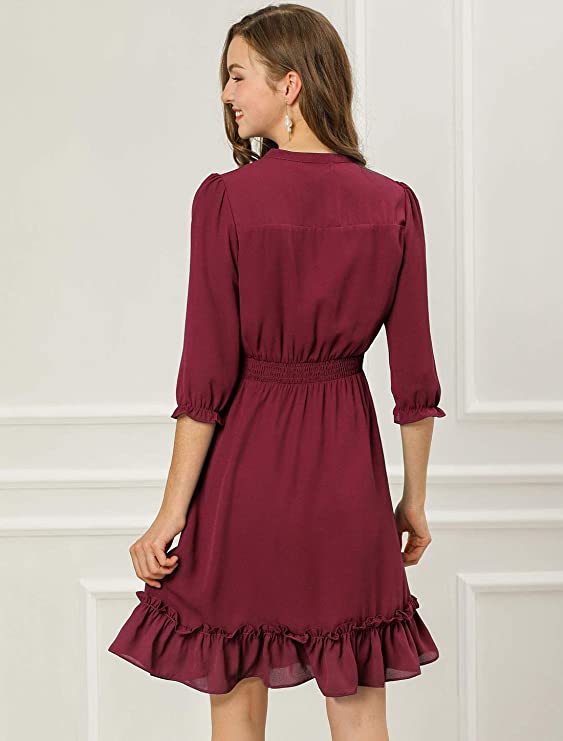 Blue Ruffle Dress, Hem 3/4 Sleeve Smocked A-Line Short Chiffon Dress - Allegra K | Women's Casual Dresses