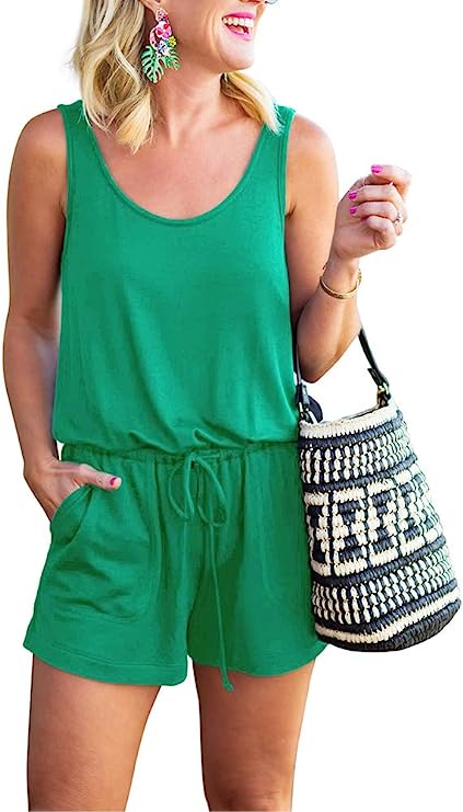Jade Green Summer Scoop Neck Sleeveless Tank Top Short jumpsuit Rompers - ReoRia | Women's Romper & Jumper Suit