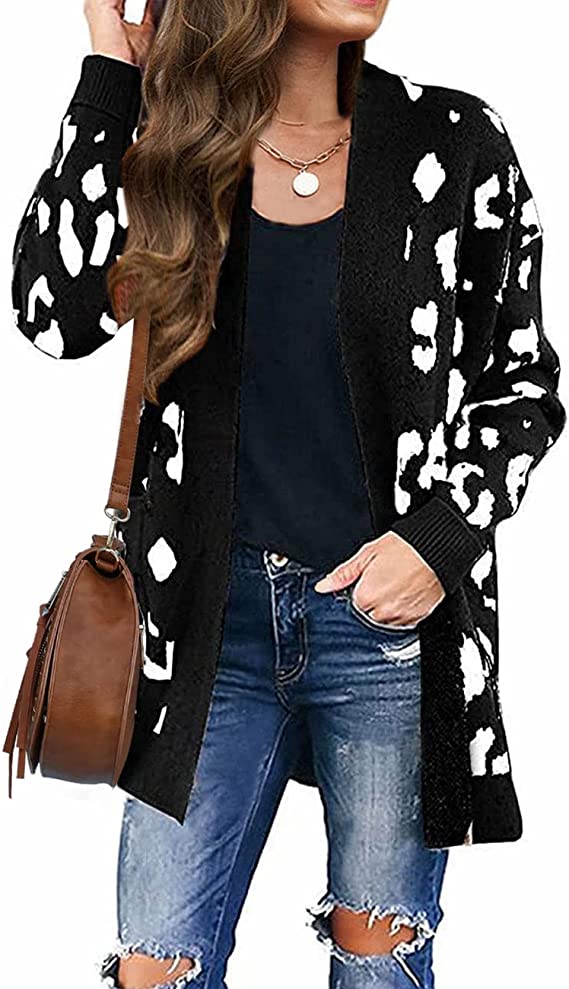 Black Women's Open Front Leopard Knit Cardigan Sweaters Pockets Long Sleeve Outwear - MEROKEETY | Women's Cardigan