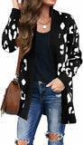Black Women's Open Front Leopard Knit Cardigan Sweaters Pockets Long Sleeve Outwear - MEROKEETY | Women's Cardigan