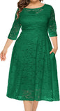 Green Women Plus Size Floral Lace Sleeve Party Wedding Cocktail Swing Midi Dress with Pockets - Lrady | Women's Cocktail Dresses