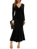 Black Women's V Neck Wrap Long Sleeve Elegant Mermaid Velvet Cocktail Maxi Dress Evening Party - ZABERRY | Women's Formal Dresses