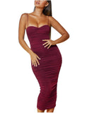 Burgundy Women's Sexy Ruched Bodycon Spaghetti Strap Backless Maxi Pencil Formal Dress - L'VOW | Women's Formal Dresses