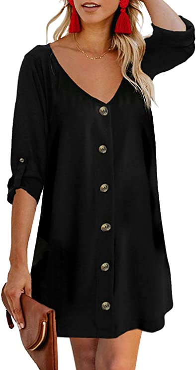 ShorSleeve Black Women Summer Spaghetti Strap Button Down V Neck Sleeveless Casual Mini Dress - AlvaQ | Women's Cocktail Dresses