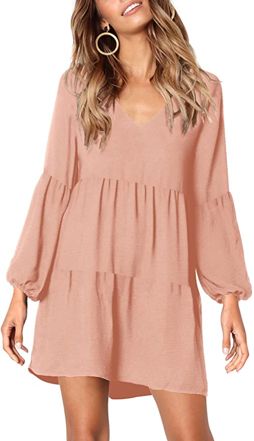 Pink Long Sleeve Women Summer Tunic Dress V Neck Casual Loose Flowy Swing Shift Dresses - Amoretu | Women's Casual Dresses