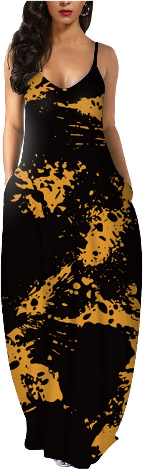 Yellow Tie Dye Womens Casual Sleeveless Plus Size Loose Plain Long Maxi Dress with Pockets - Wolddress | Women's Casual Dresses