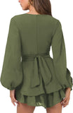 Dark Green Womens Sexy V Neck Long Baggy Sleeve Tie Waist Ruffle Hem Flowy Swing Mini Short Wrap Dress - Nova In Sky | Women's Casual Dresses