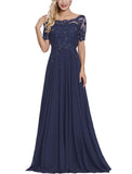 Navy Blue Women's Long Mother of The Bride Dresses with Sleeves Bateau Neck Beaded Chiffon Maxi Lace Formal Evening Gowns - Lover Kiss