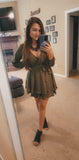 Army Green Womens Sexy V Neck Long Baggy Sleeve Tie Waist Ruffle Hem Flowy Swing Mini Short Wrap Dress - Nova In Sky | Women's Casual Dresses