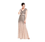 Blush Women's Long Beaded V-Neck Dress with Cap Sleeves and Waistband - Adrianna Papell | Women's Formal Dresses