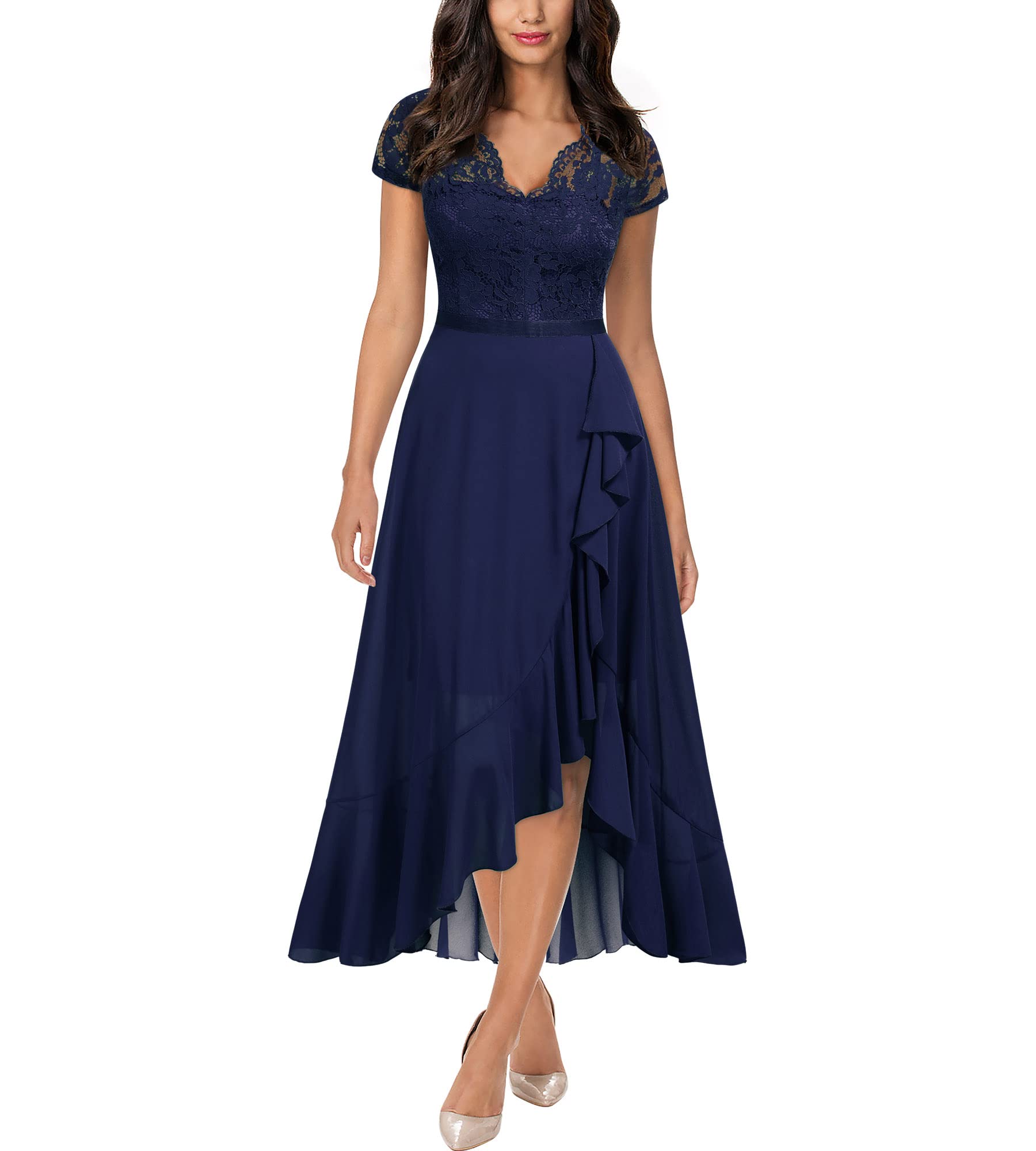 Navy Blue Women's V Neck Elegant Lace Ruffle Bridesmaid Maxi Dress - Miusol